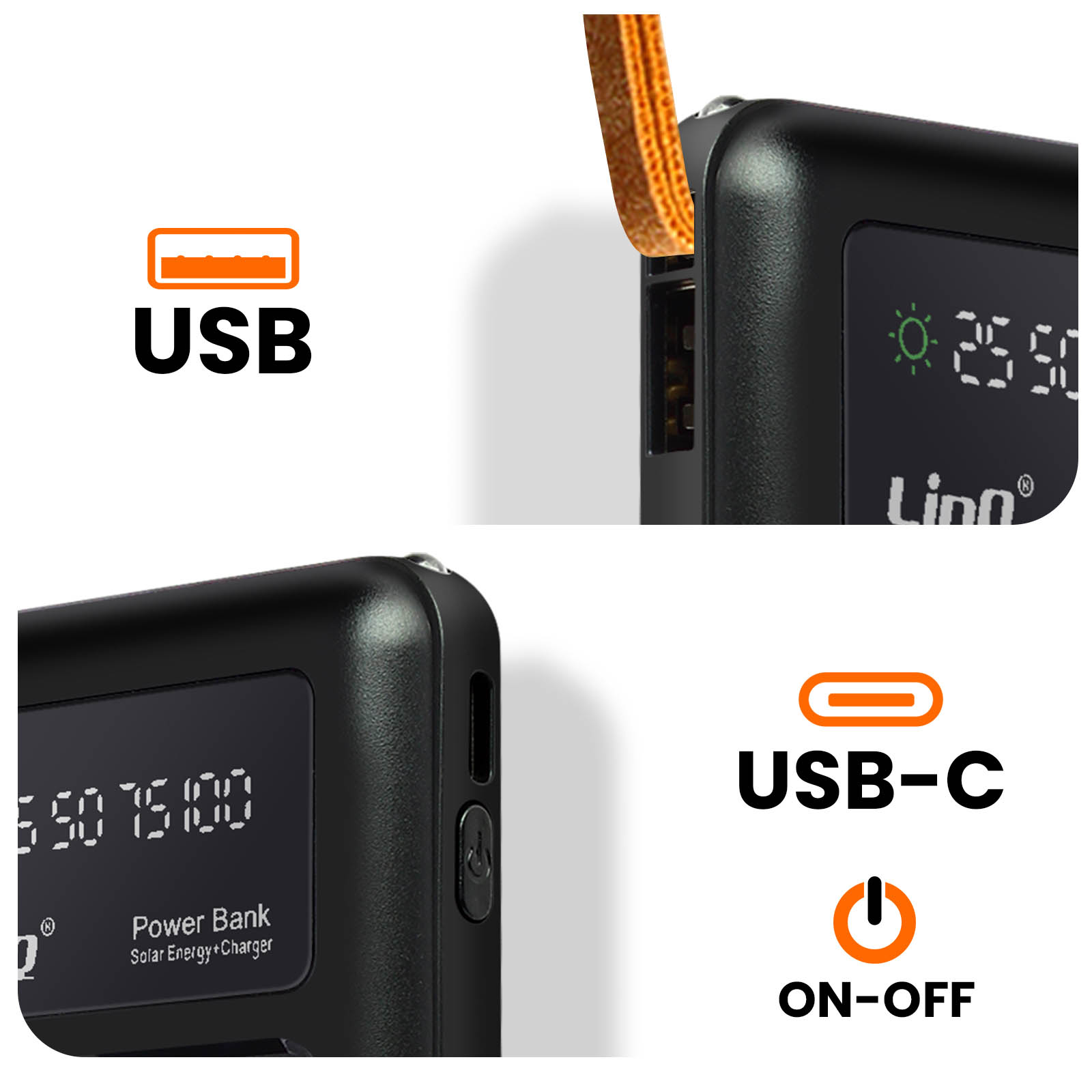 Un banco de energía negro con puertos USB y USB-C, y un botón de encendido/apagado, que muestra una pantalla digital.