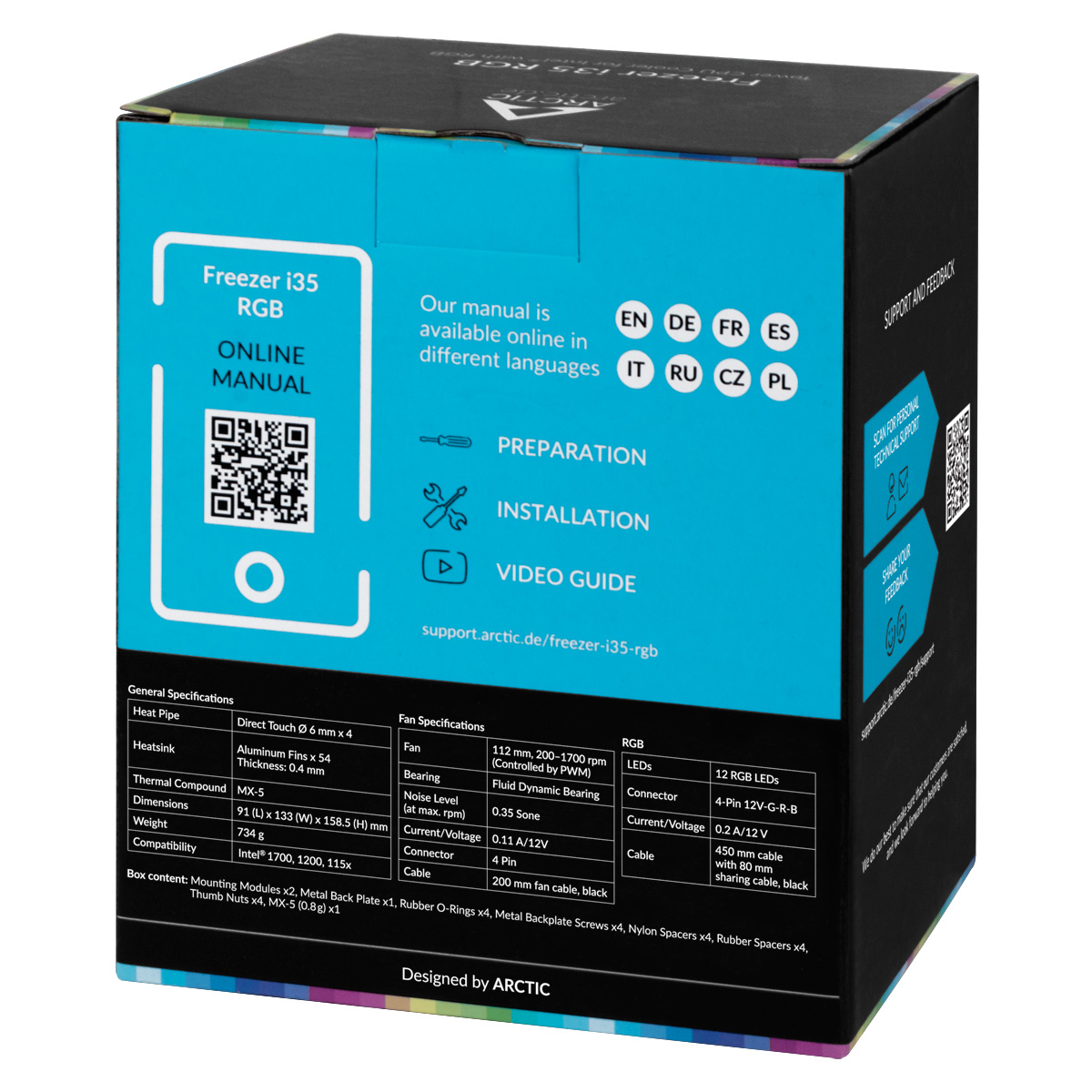 Eine schwarze und farbenfrohe Box mit Spezifikationen eines Freezer i35 RGB, entworfen von ARCTIC.