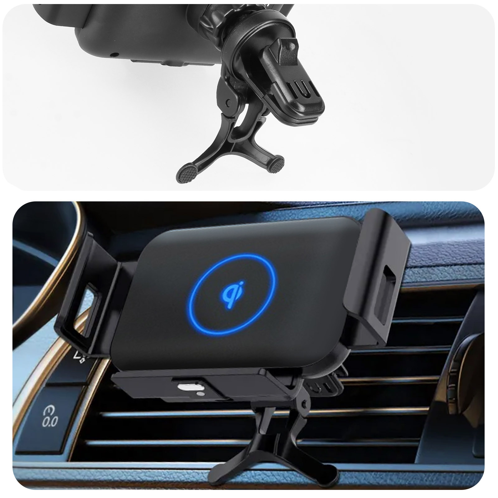 Nahaufnahme eines schwarzen Telefonhalters für ein Auto. Der Halter hat ein kabelloses Ladesymbol mit blauem Licht.