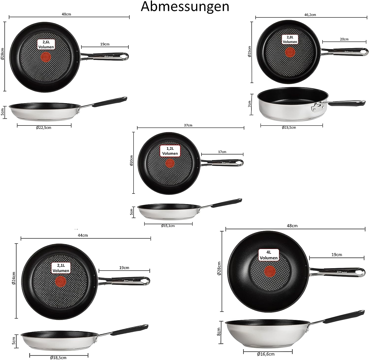 Verschiedene Bratpfannen mit Maßen und Volumenangaben, dargestellt auf weißem Hintergrund.