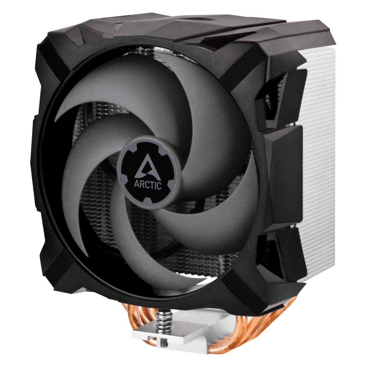 Dissipatore CPU nero e argento con ventola, base in rame e logo Arctic.