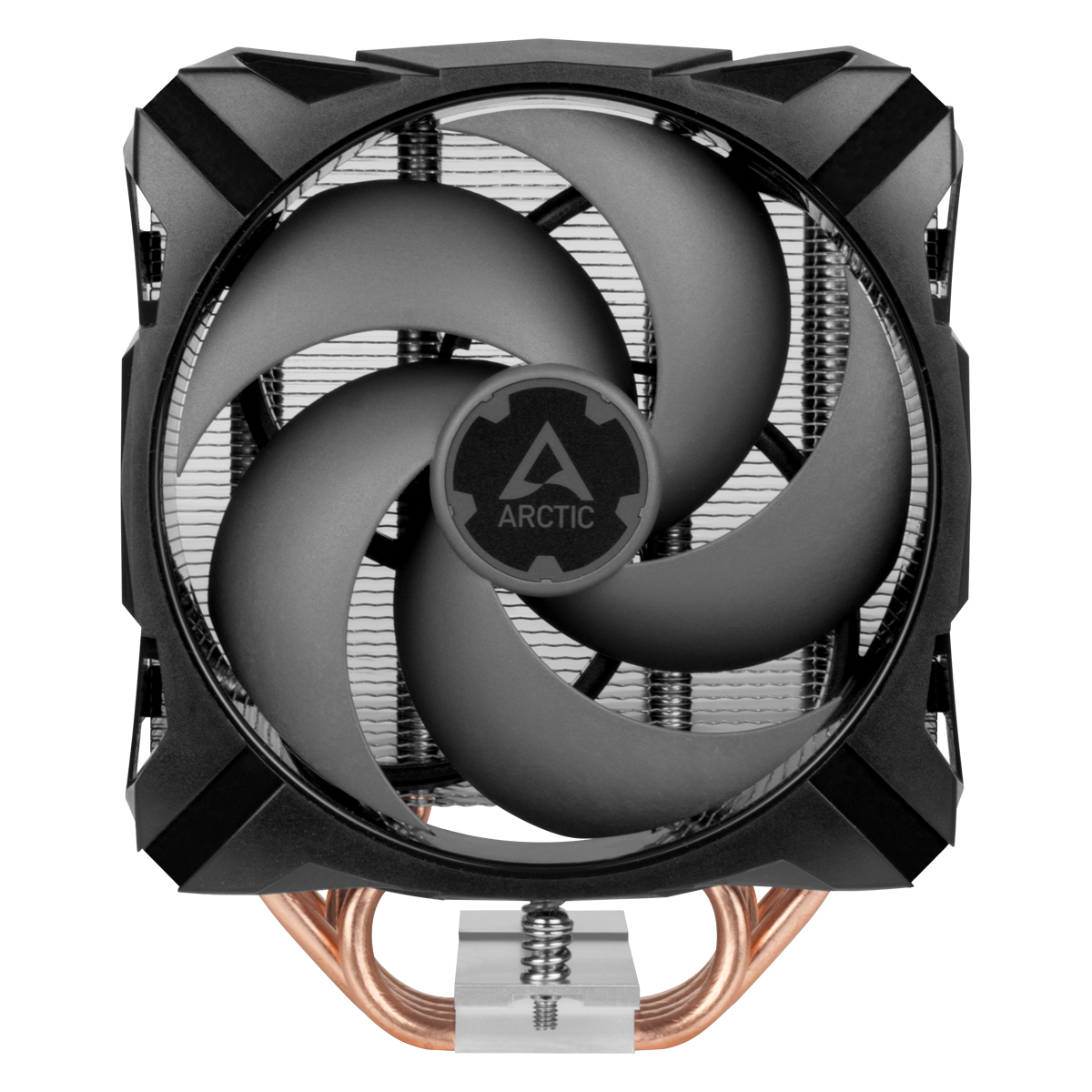 Un dissipatore CPU nero con una grande ventola centrale e tubi di calore in rame.