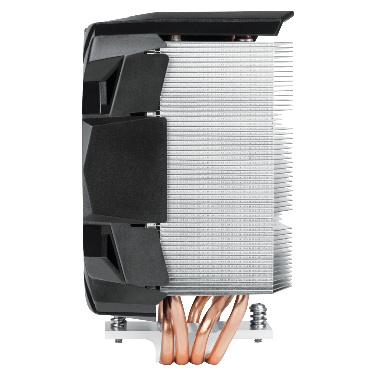 Un dissipatore CPU nero e argento con heat pipe in rame e una ventola.