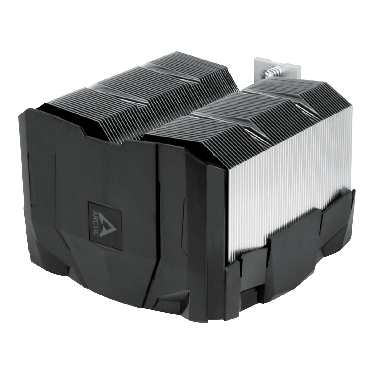 Dissipatore CPU per computer nero e argento con molte alette e base nera.