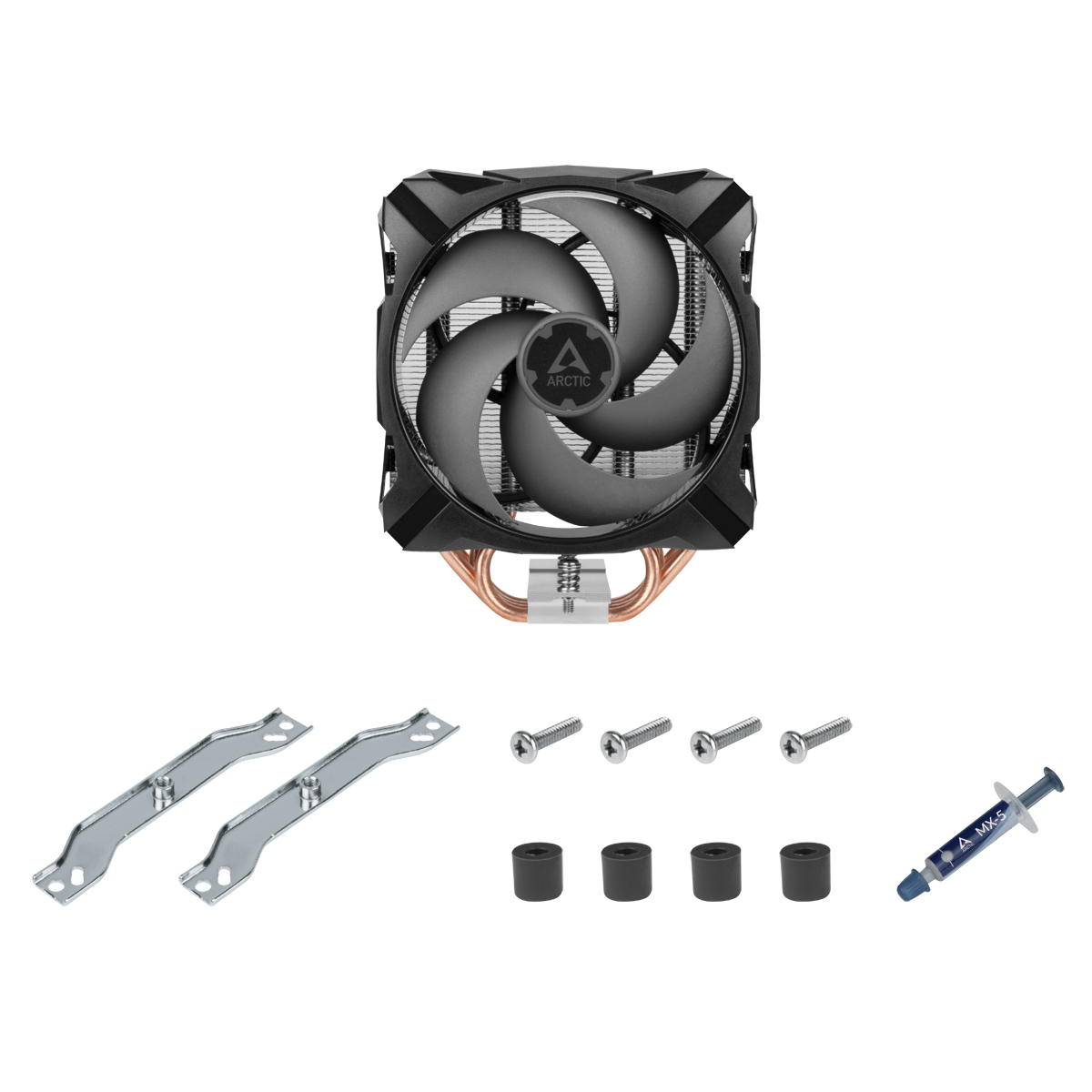 Dissipatore CPU nero con ventola e heatpipe in rame. Accessori: staffe, viti, pasta termica.