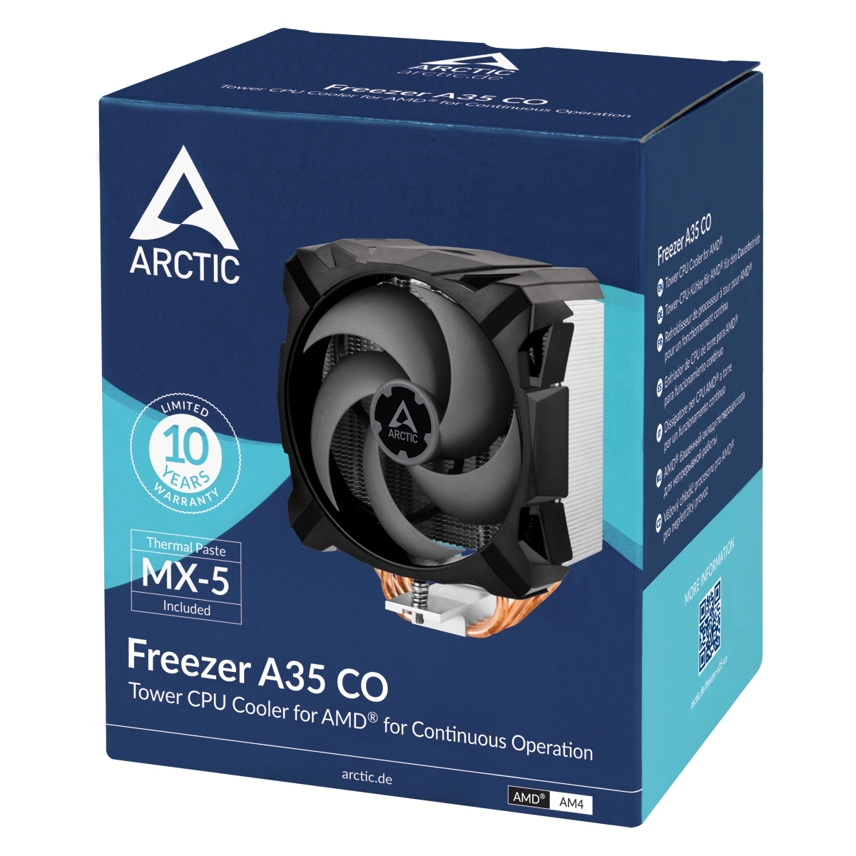 Scatola di un dissipatore CPU; ventola nera e dissipatore visibili, con testo.