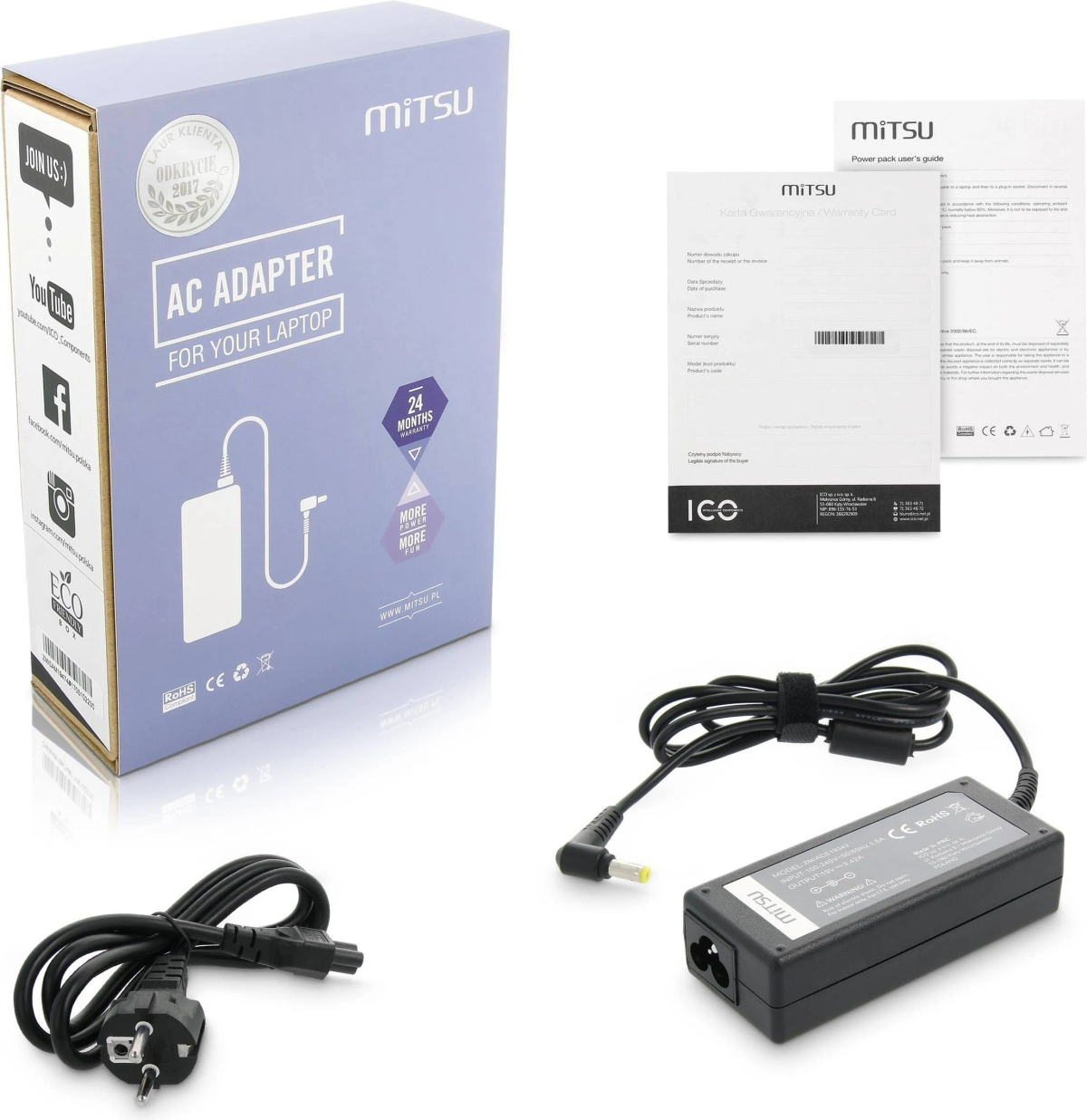 Ein Laptop-Netzteil, in einer Box mit Dokumenten und einem Netzkabel.