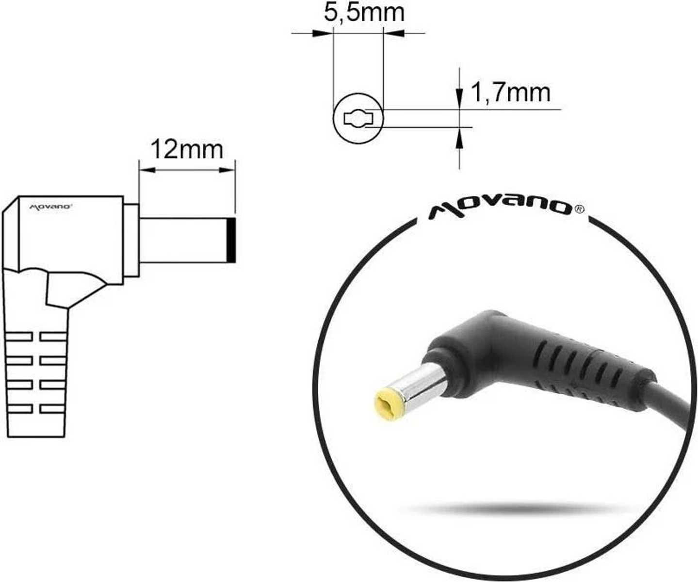 Diagramm eines Netzadapters mit Abmessungen. Ein Kabel und ein Stecker sind sichtbar.