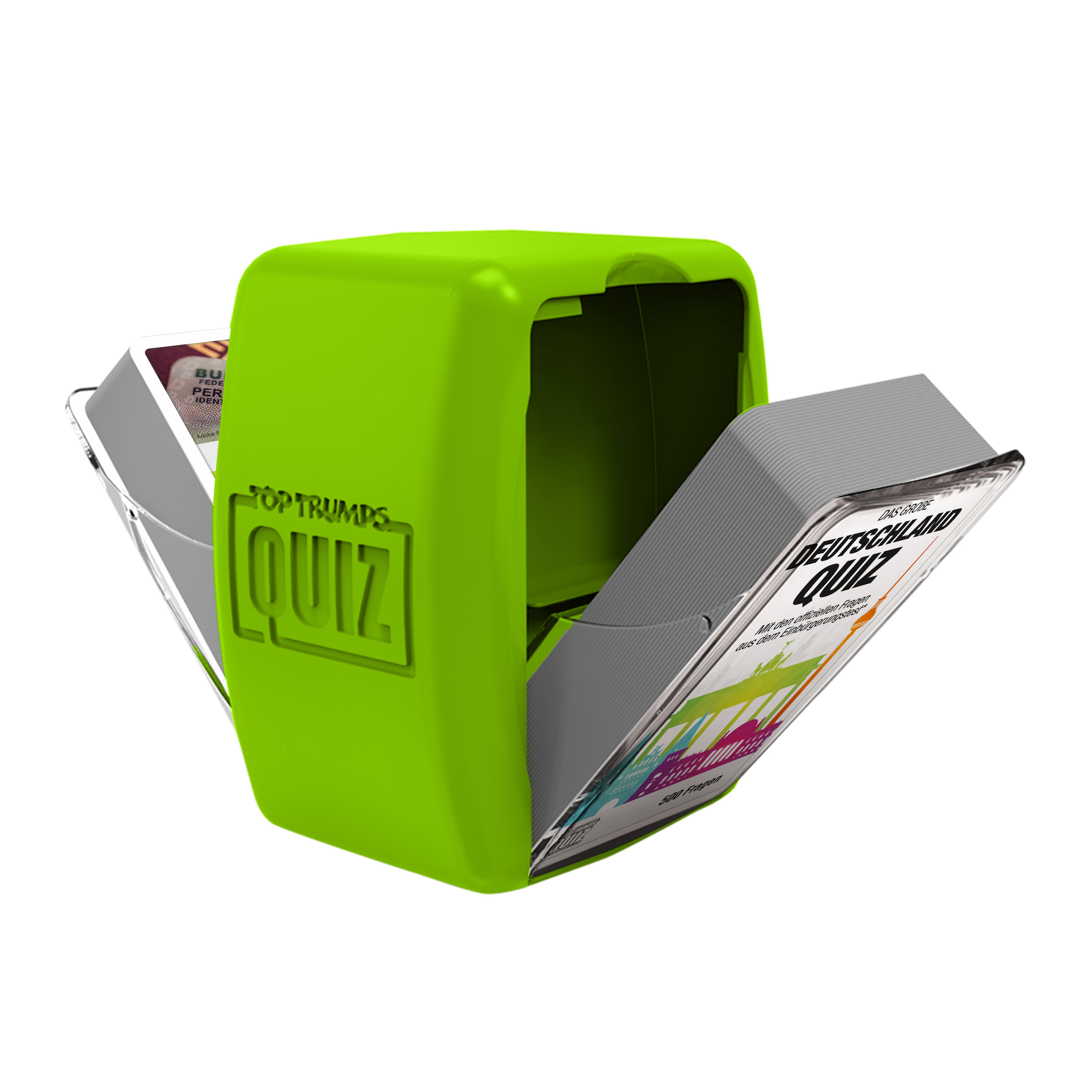 Grüne Top Trumps Quiz-Box, offen mit sichtbaren Karten.