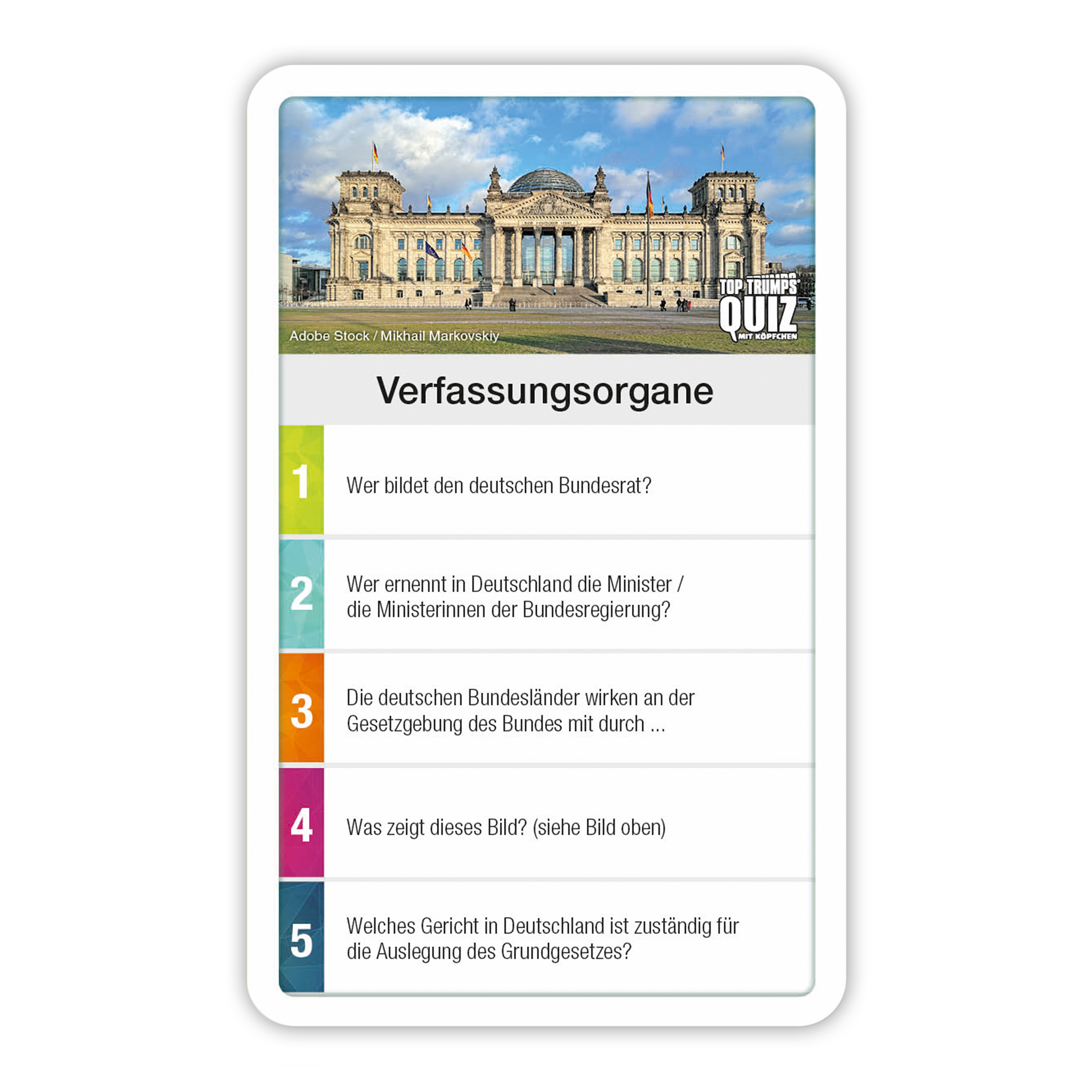 Karte mit deutschem Text, Bild eines Gebäudes und nummerierten Fragen zur deutschen Politik.