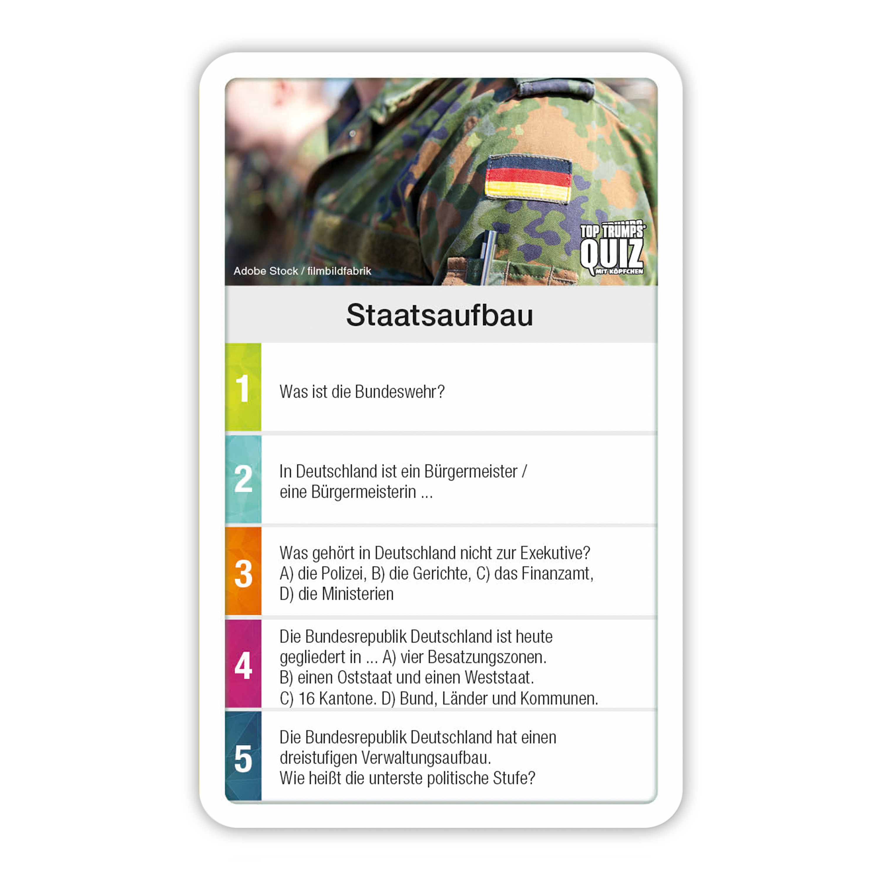 Eine Top-Trumps-Karte mit einem Detail einer Militäruniform und Text über die deutsche Regierung.