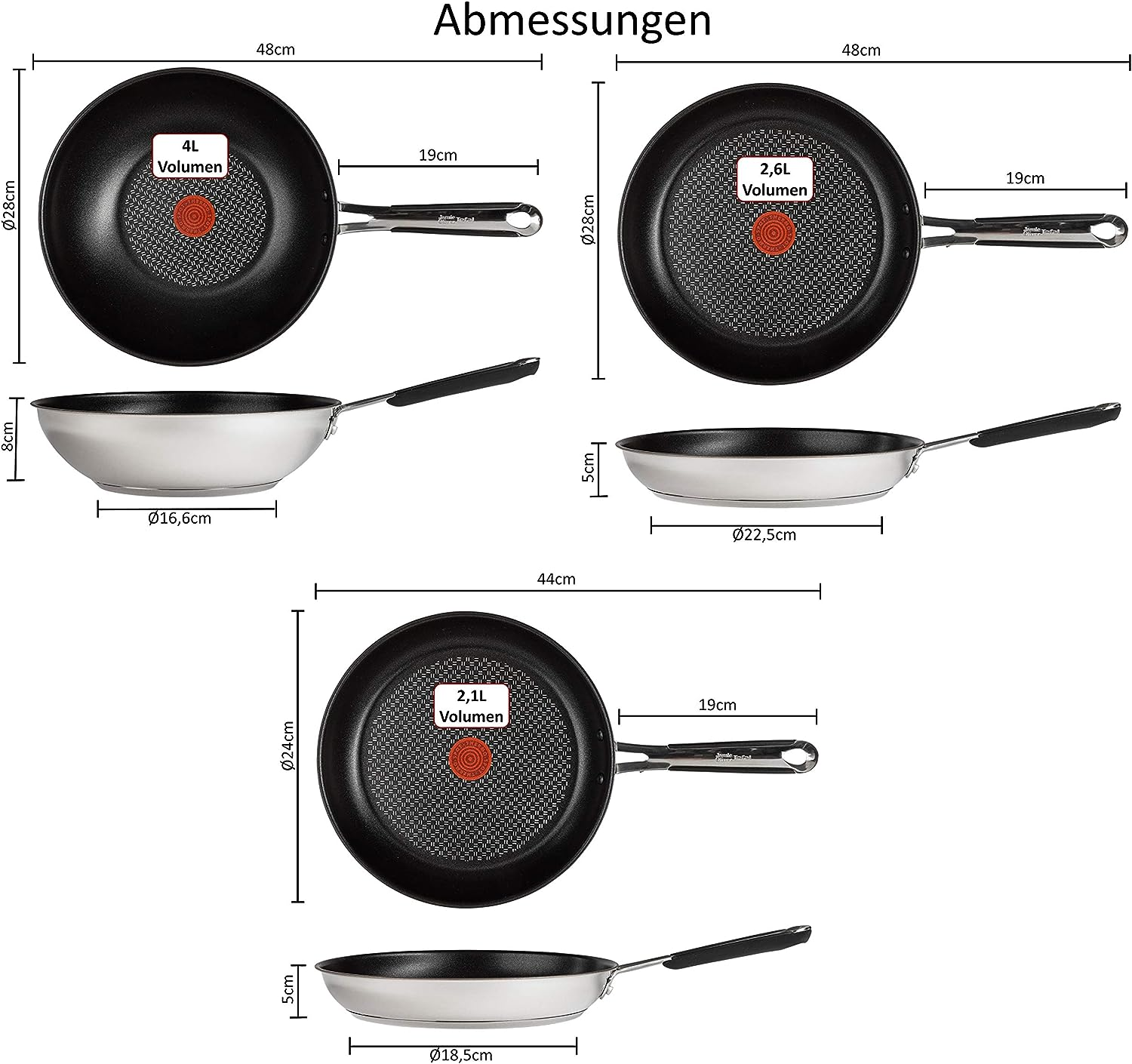 Drei Pfannen in einem Diagramm mit Abmessungen und Volumenmessungen, weißer Hintergrund.