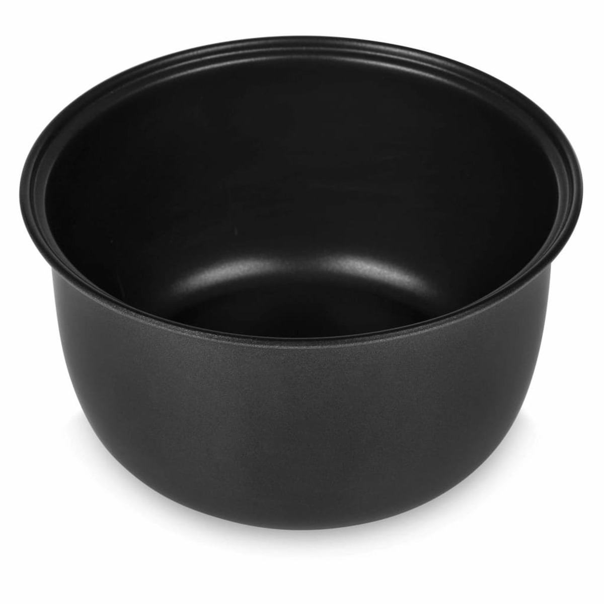 Eine schwarze Schüssel, rund mit glatter Oberfläche, auf weißem Hintergrund.