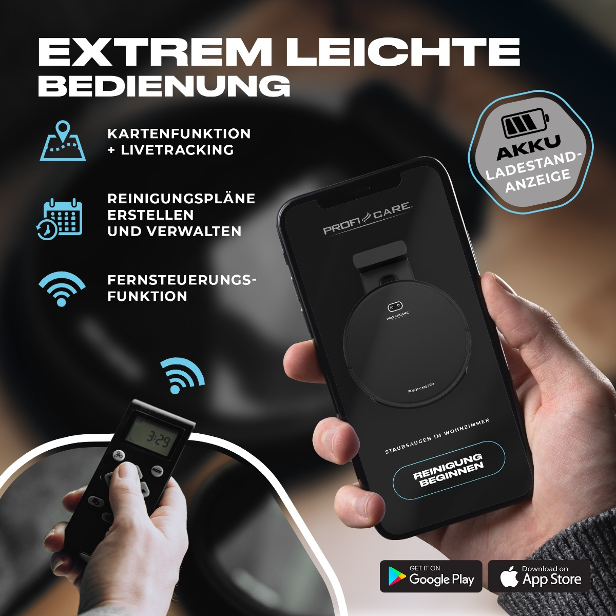 Smartphone con app aspirapolvere sullo schermo, con icone e testo. Una mano tiene un telecomando.