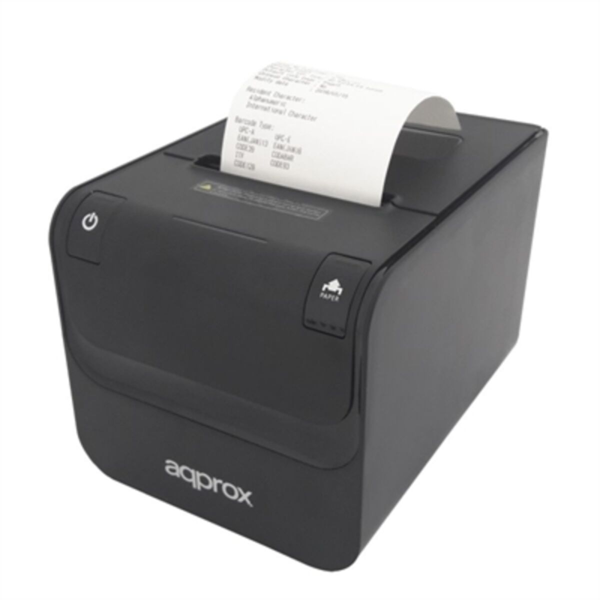 Schwarzer Thermodrucker, eine Papierrolle kommt heraus. Das Wort 'aqprox' ist auf der Vorderseite aufgedruckt.