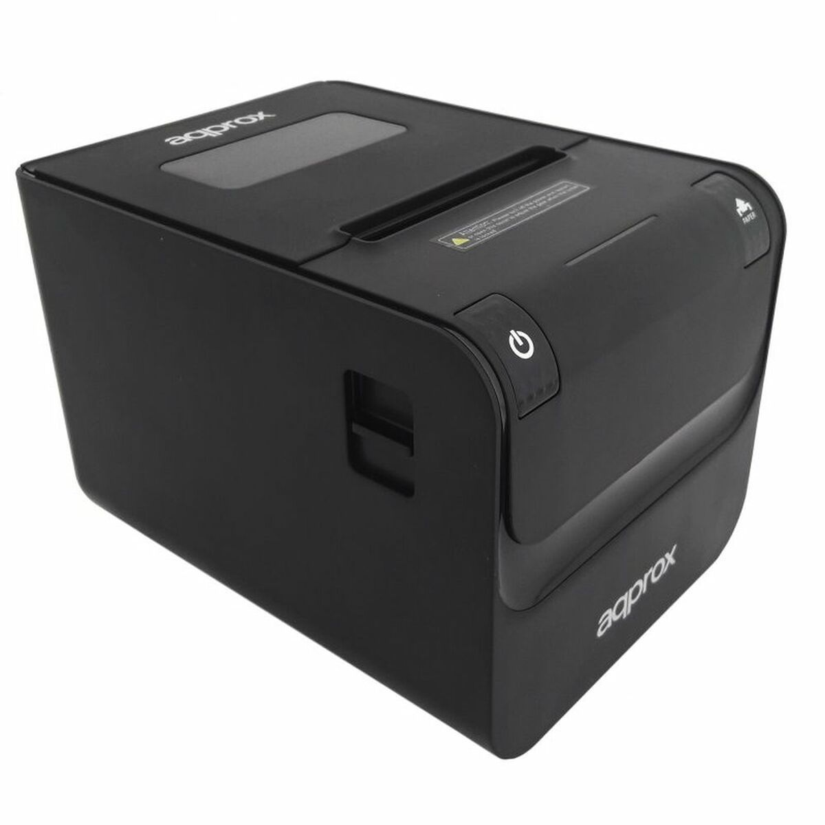 Schwarzer Thermodrucker, Draufsicht. Hat einen Ein/Aus-Knopf, einen Papierauslass, und 'approx'.