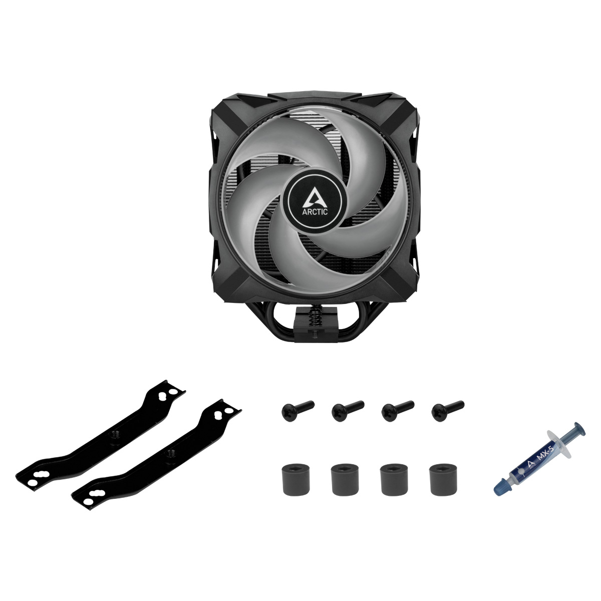 Elementy chłodnicy komputera: wentylator, wsporniki, śruby i pasta termoprzewodząca.