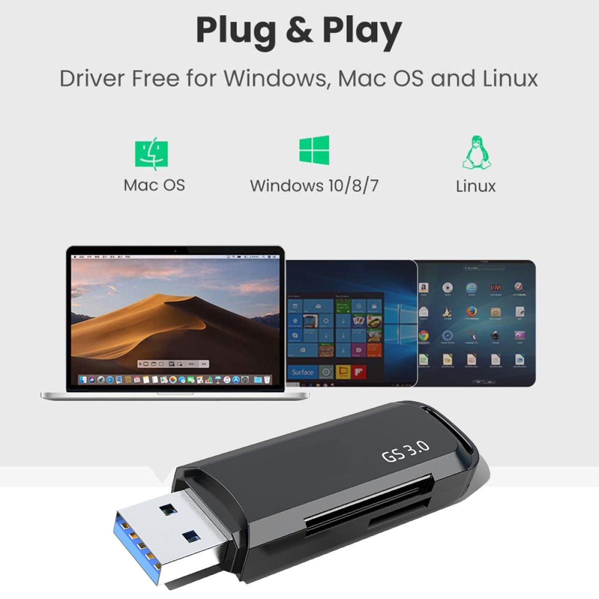 Ein schwarzer USB-Kartenleser mit drei Betriebssystem-Icons und dem Wort Plug & Play.