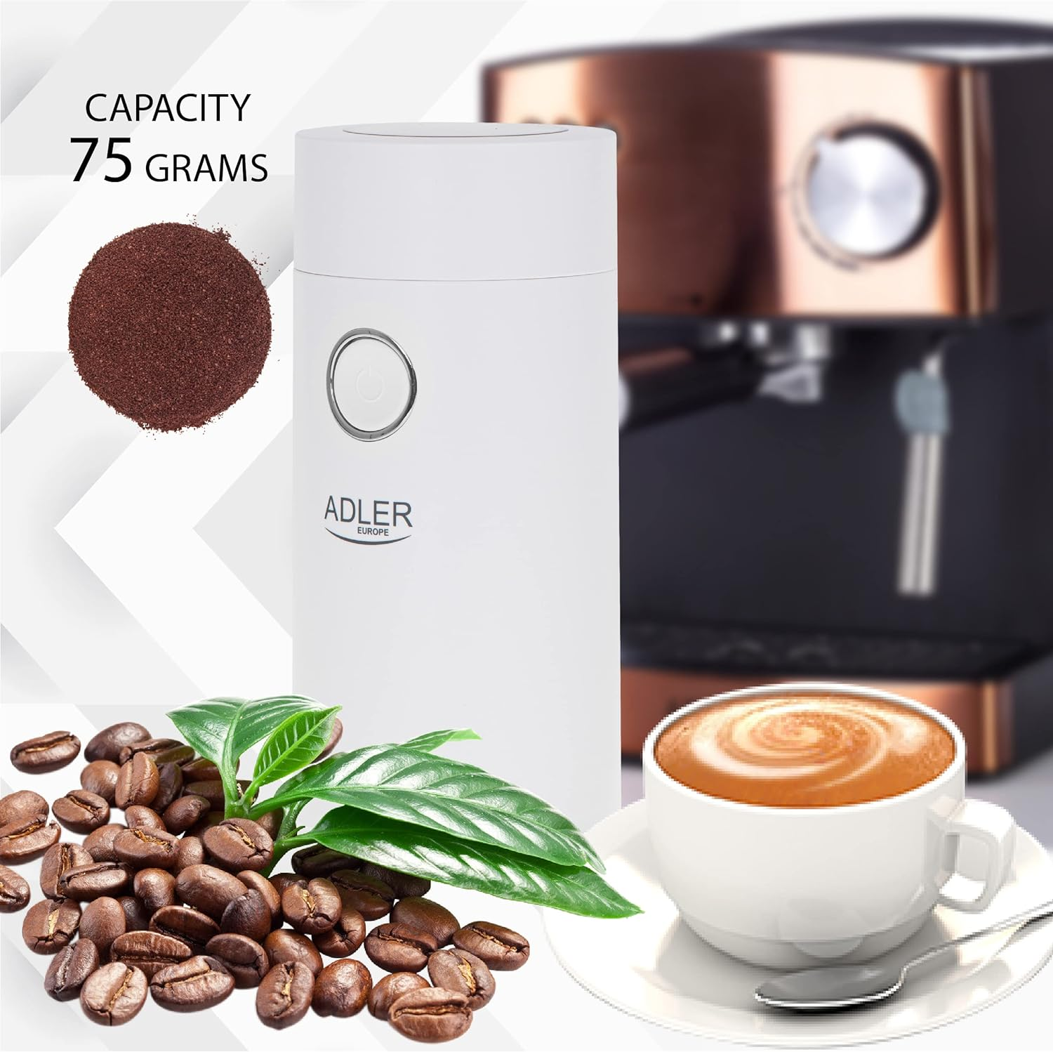 W, Aroma schnelles JUNG das Hitzefreies, 4446WS (150 Mahlen, Kaffees Weiß Leistungsstarker Motor: volle um erhalten) zu AD ADLER des Kaffeemühle