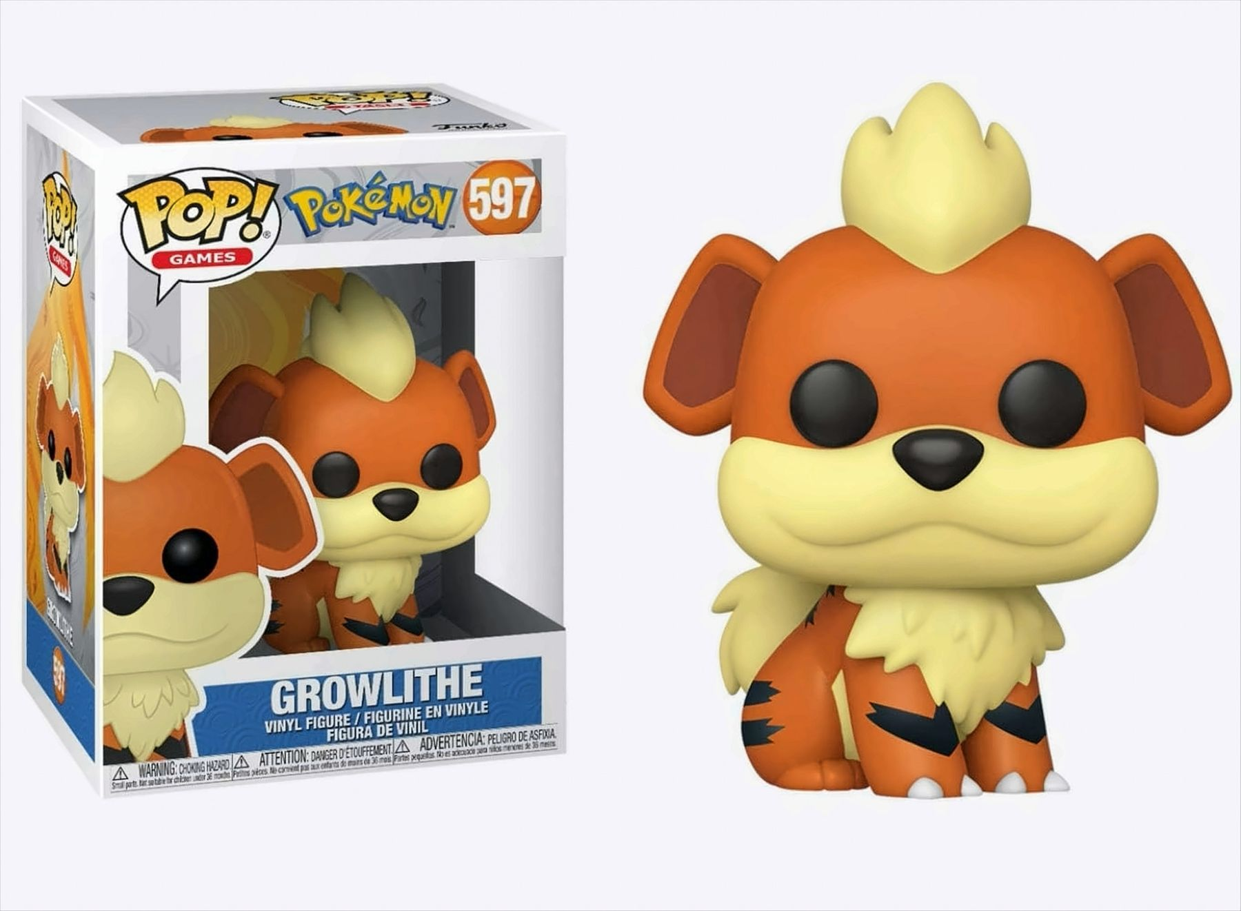 Una figura de Growlithe Funko Pop en su caja, con un fondo blanco.