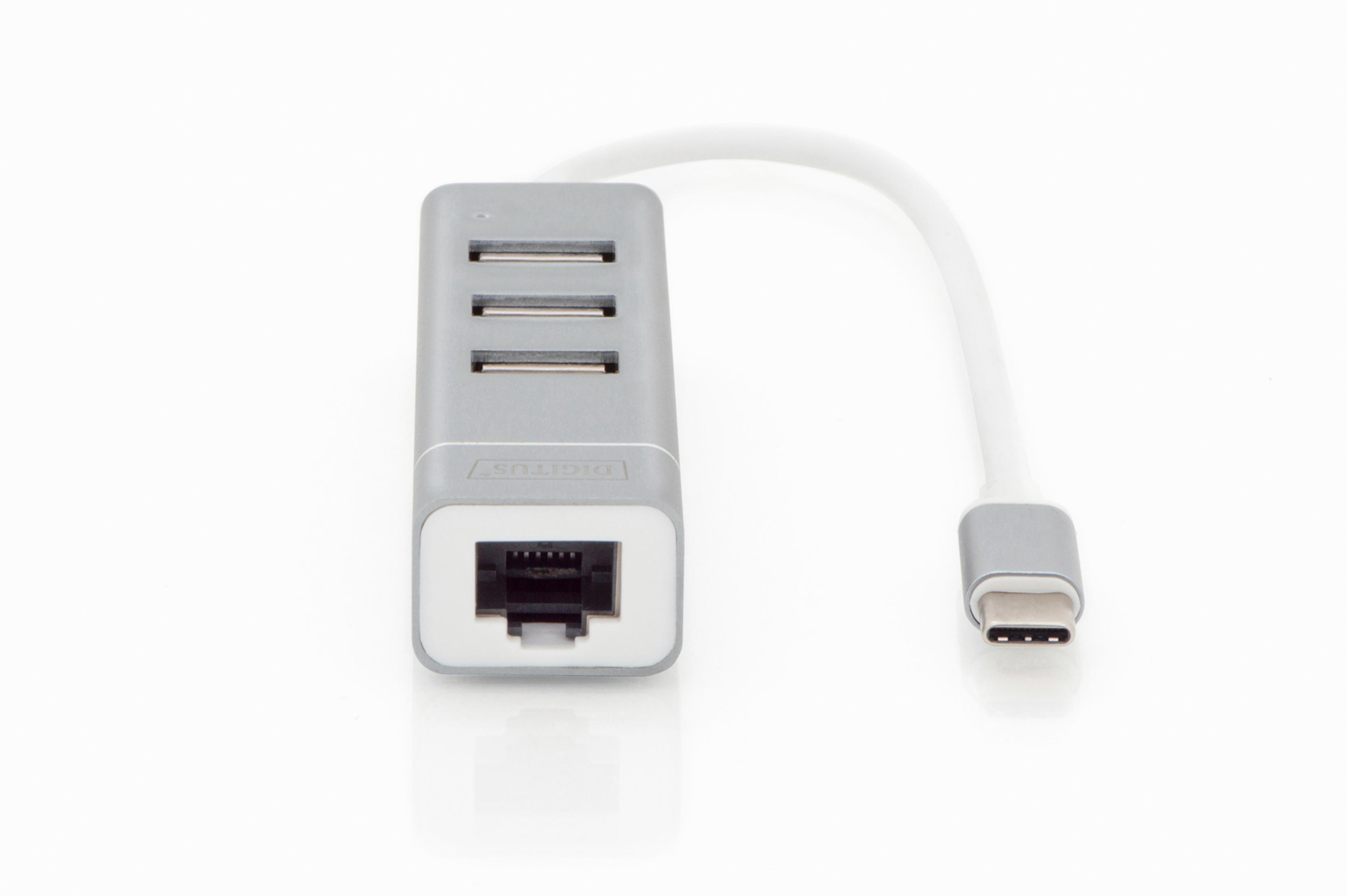 Silberner USB-Hub mit 3 Anschlüssen, plus Ethernet- und USB-C-Anschluss, weißes Kabel, weißer Hintergrund.