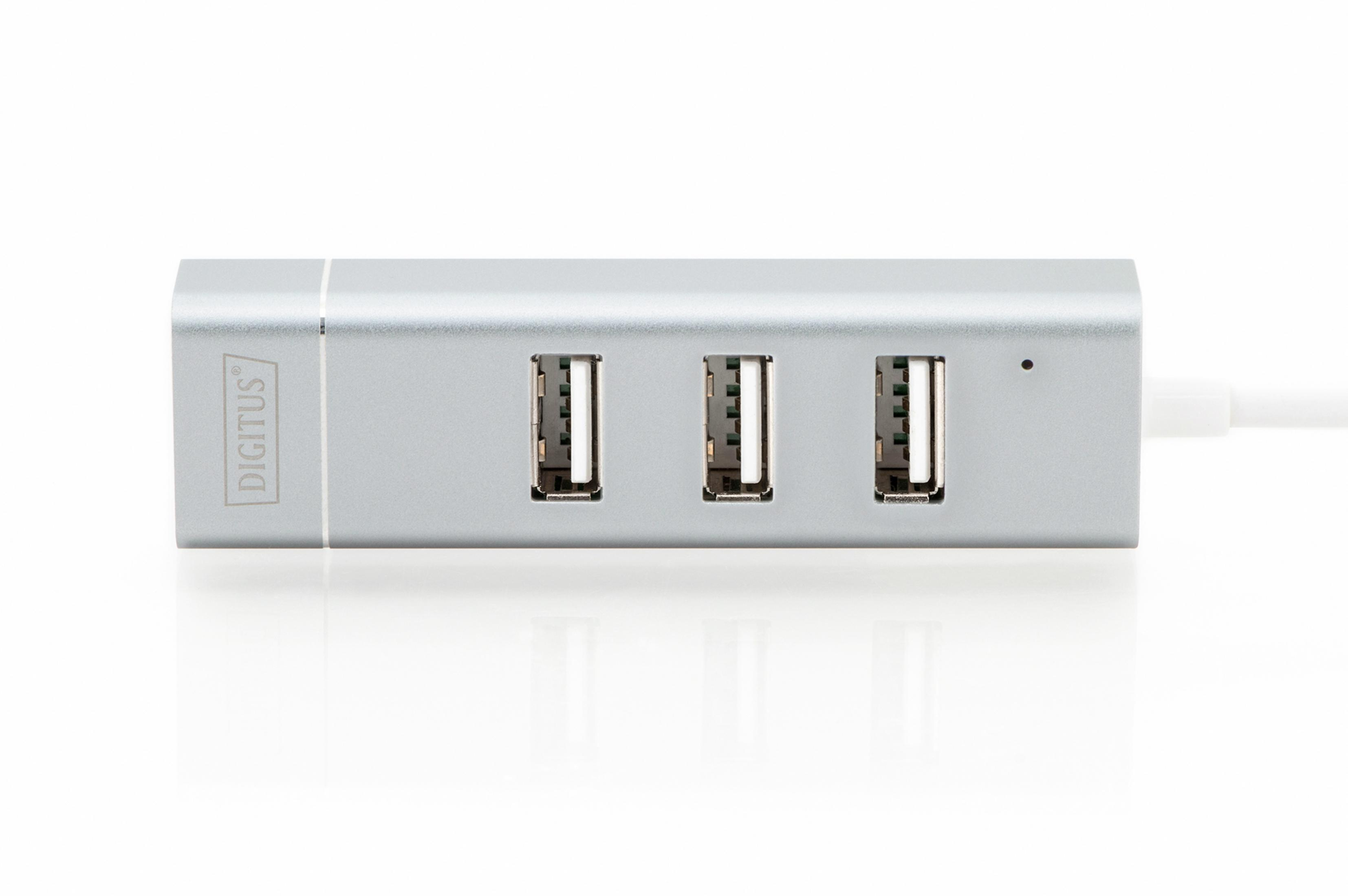 Silberner USB-Hub mit 3 Anschlüssen. Der Hintergrund ist weiß.