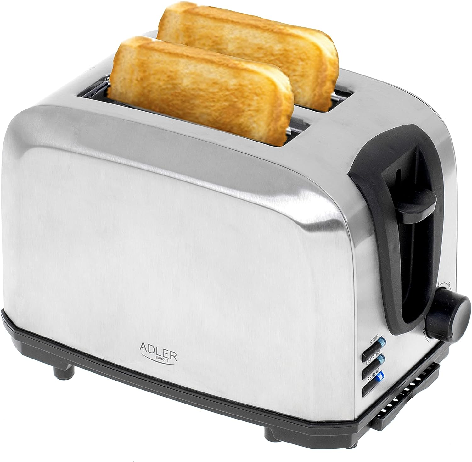Ein Toaster aus Edelstahl mit zwei Toastbrotscheiben darin. Knöpfe befinden sich unten.
