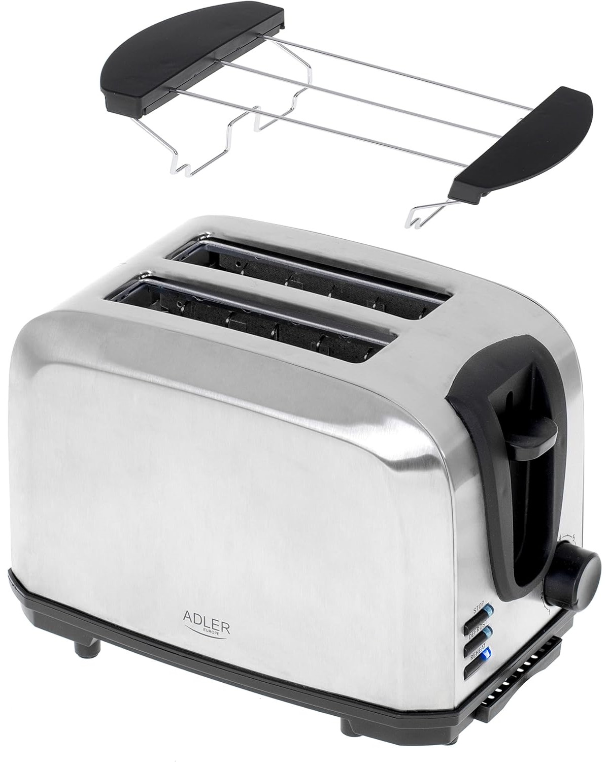 Toaster aus Edelstahl mit Warmhalterost. Schwarze Akzente, weißer Hintergrund.