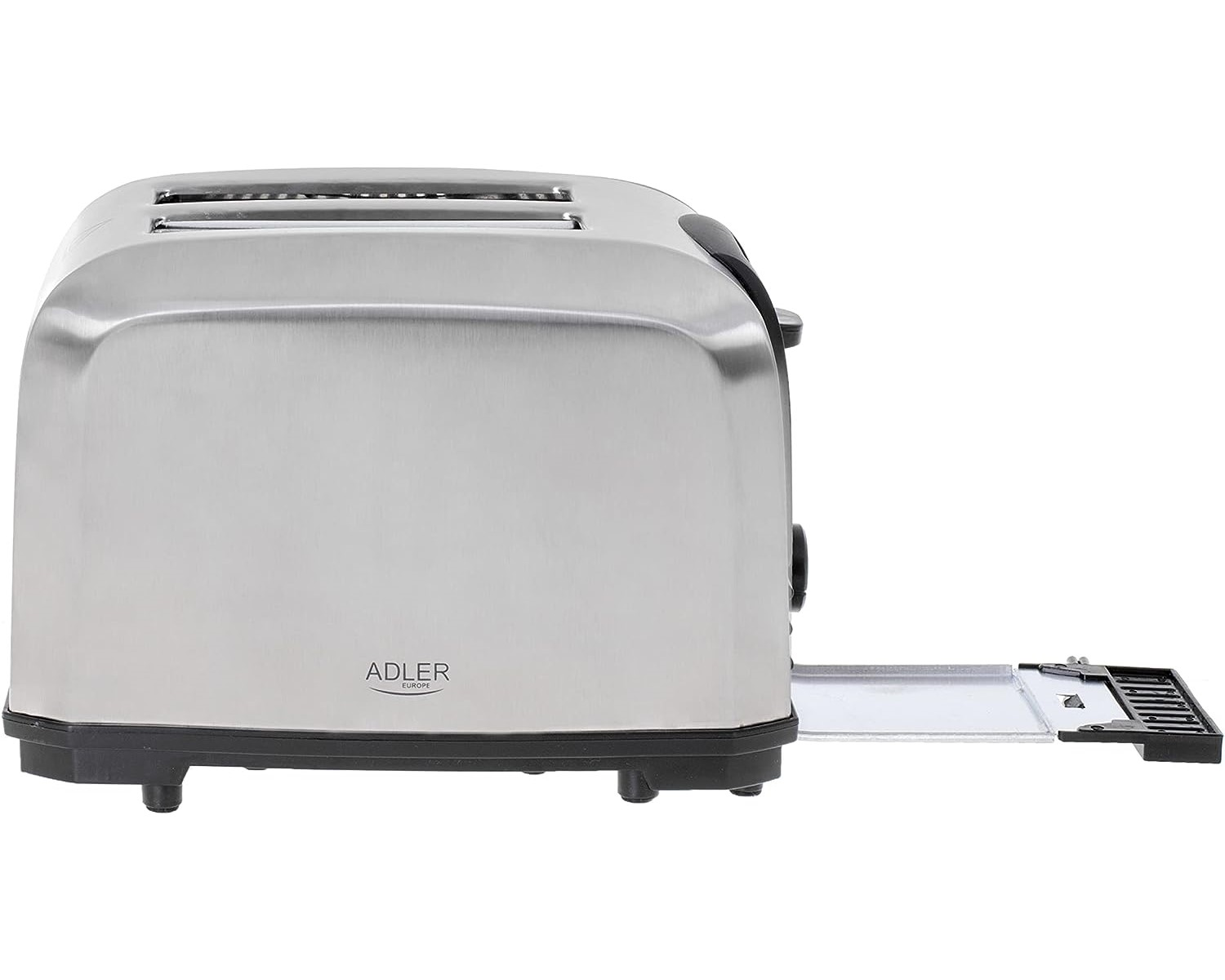 Ein silberner Toaster mit schwarzem Sockel und herausgezogener Krümelschublade. Das ADLER-Logo ist sichtbar.