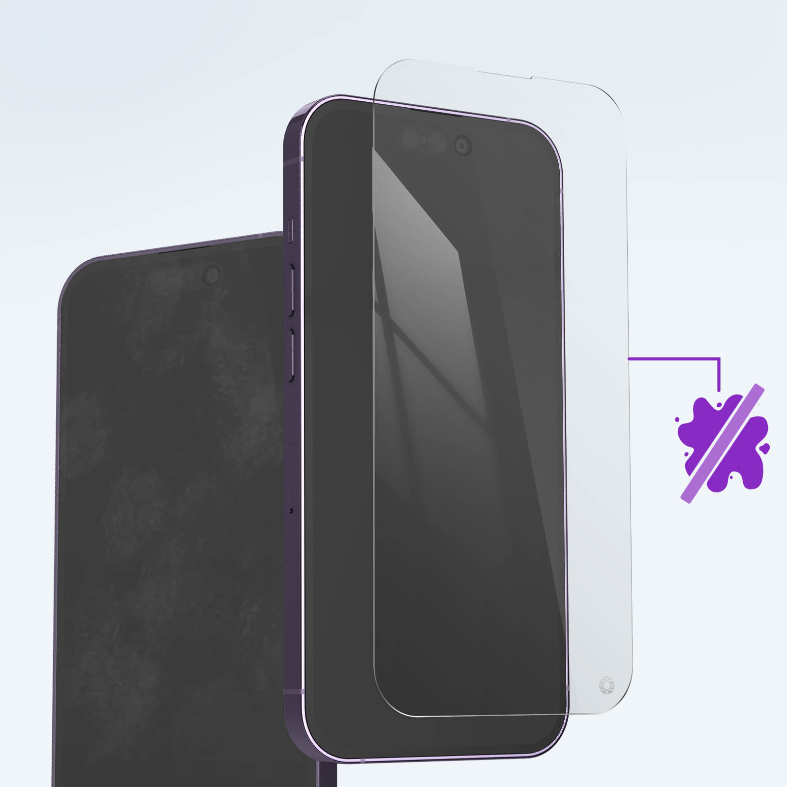 Trzy telefony, z których jeden ma ochronę ekranu. Pojawia się fioletowa ikona rozprysku.