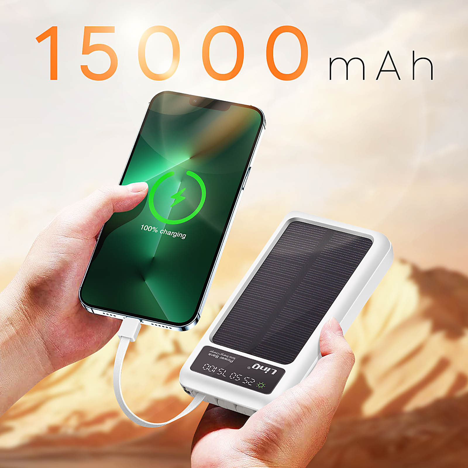 Manos sosteniendo un teléfono cargándose de un banco de energía solar blanco, 15000 mAh.