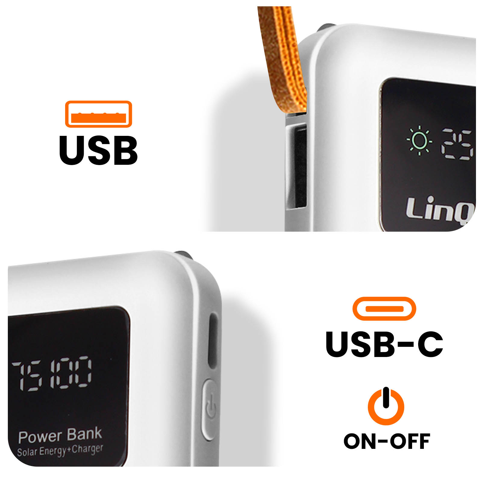 Un banco de energía blanco con USB, USB-C y un botón de encendido y apagado. Hay una pantalla digital.