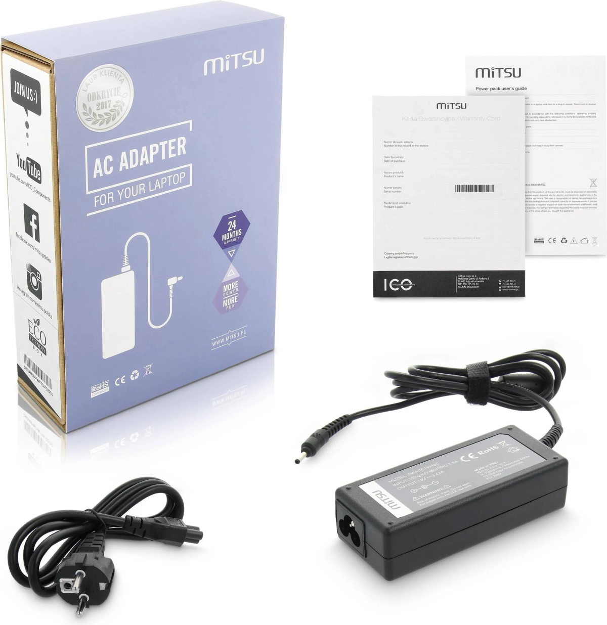 AC-Adapter-Box, Adapter und Benutzerhandbuch. Der schwarze Adapter hat ein schwarzes Netzkabel.