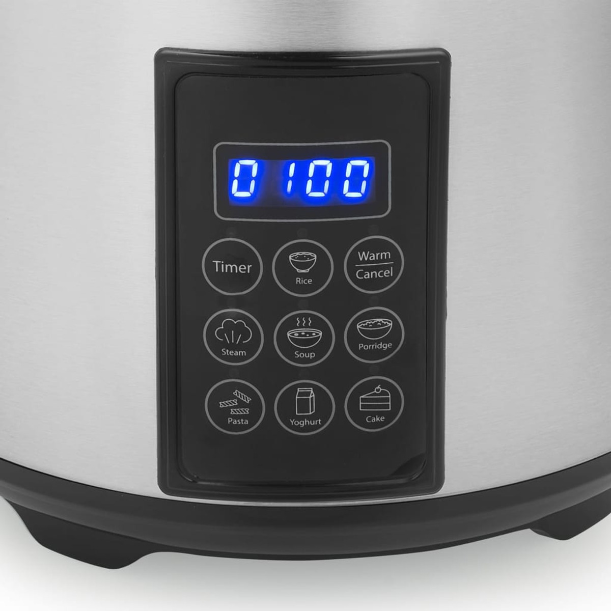 Close-up van het bedieningspaneel van een roestvrijstalen slowcooker met een blauw digitaal display en pictogrammen.