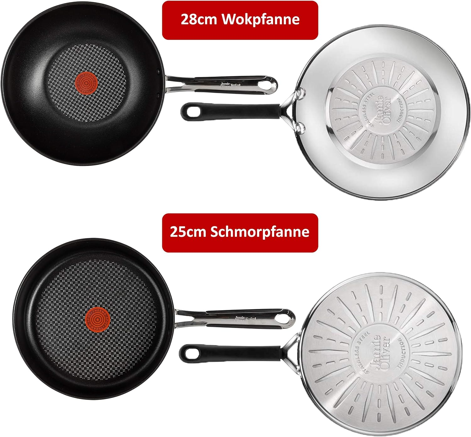 Zwei Bratpfannen, eine Wok- und eine Schmorpfanne, jeweils mit Ober- und Unteransicht.
