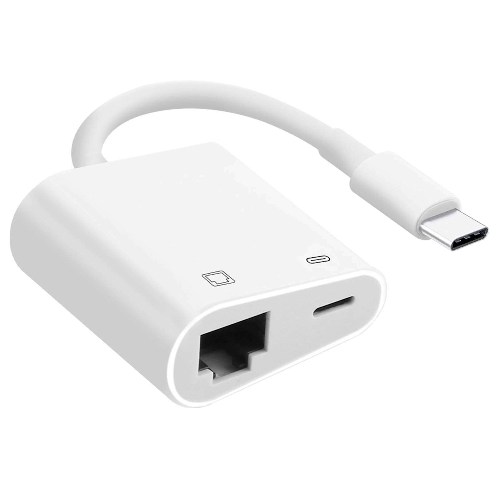 Un adattatore bianco con una porta Ethernet e un connettore USB-C. Lo sfondo è bianco.