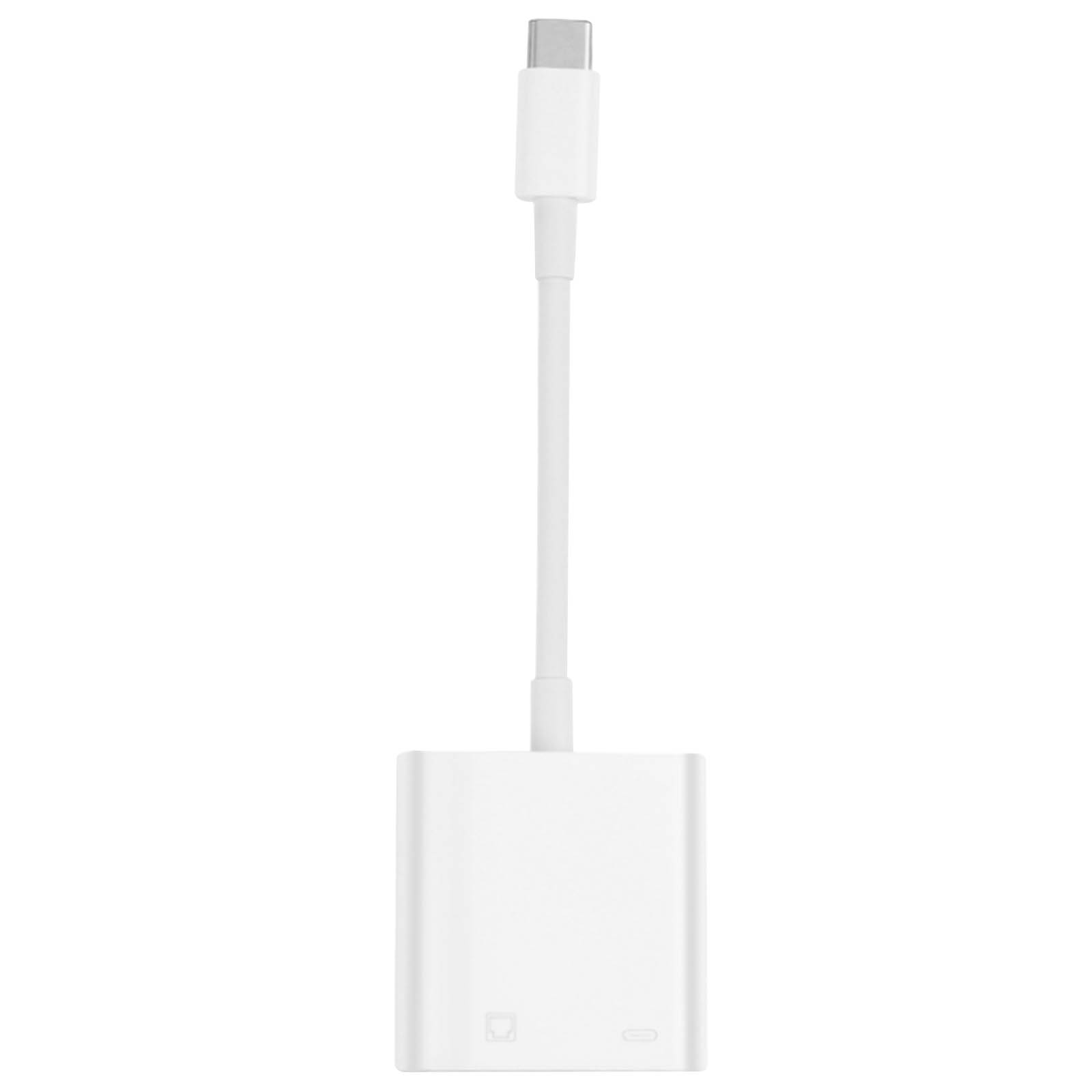Un adattatore bianco con un connettore USB-C e un cavo bianco collegato.
