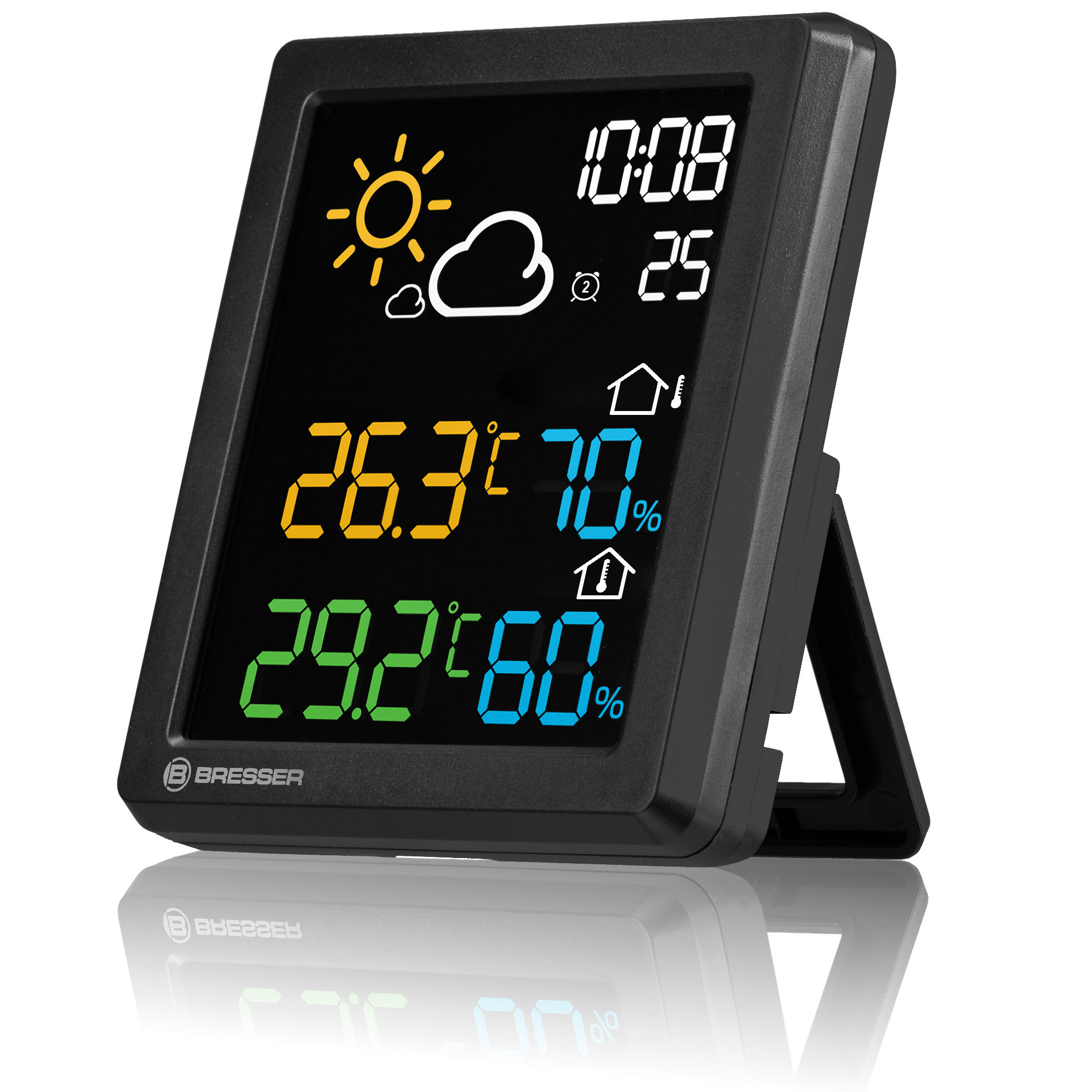 Eine schwarze digitale Wetterstation, die Temperatur, Luftfeuchtigkeit und Zeit anzeigt.