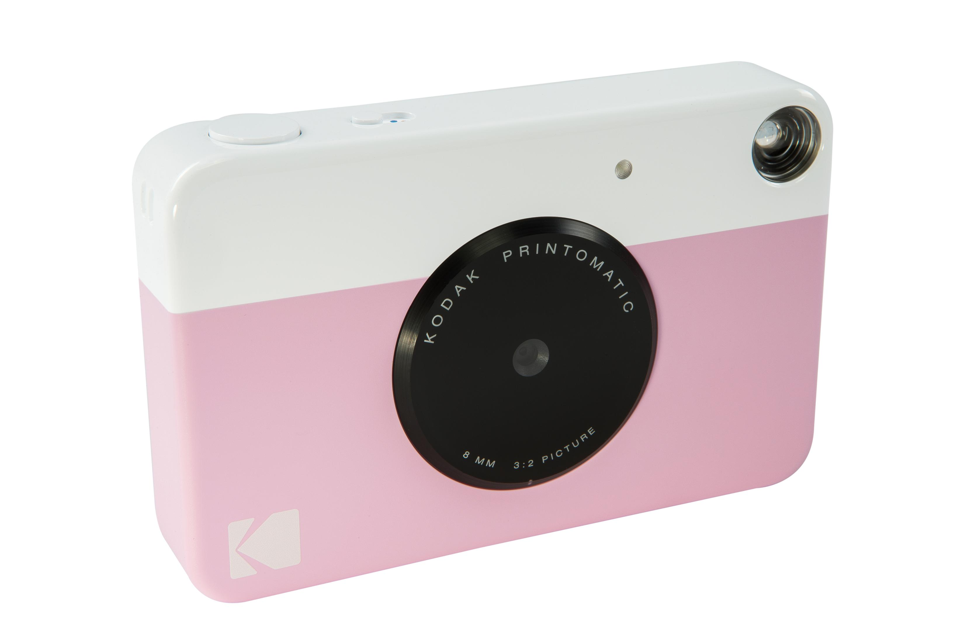 Eine rosa-weiße Kodak Printomatic Kamera. Sie hat ein großes schwarzes Objektiv und das Kodak-Logo.