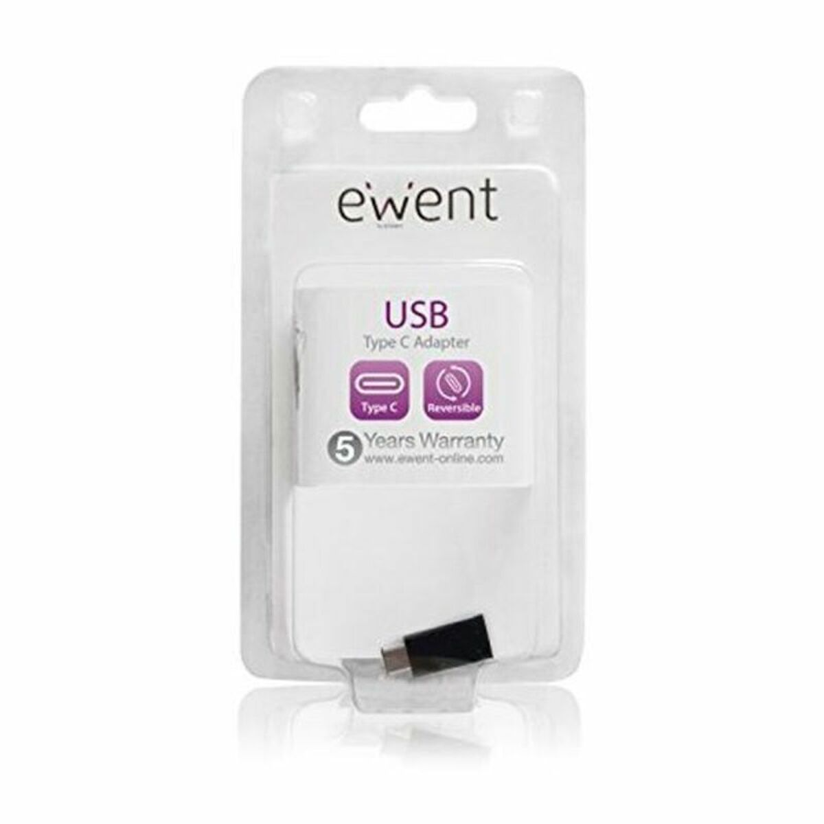 Una confezione di plastica trasparente contenente un adattatore USB Type C con il marchio 'ewent' visualizzato.