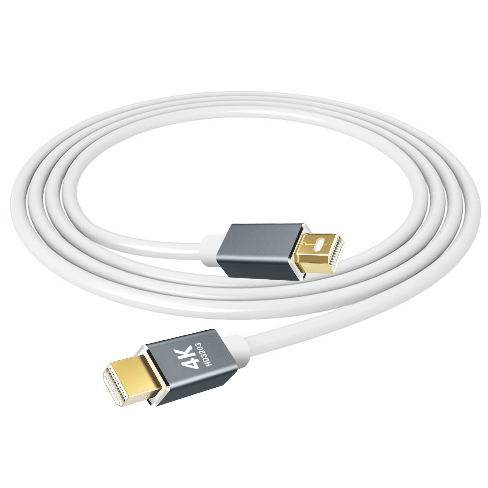 Un cavo bianco avvolto con connettori grigi e dorati su sfondo bianco.