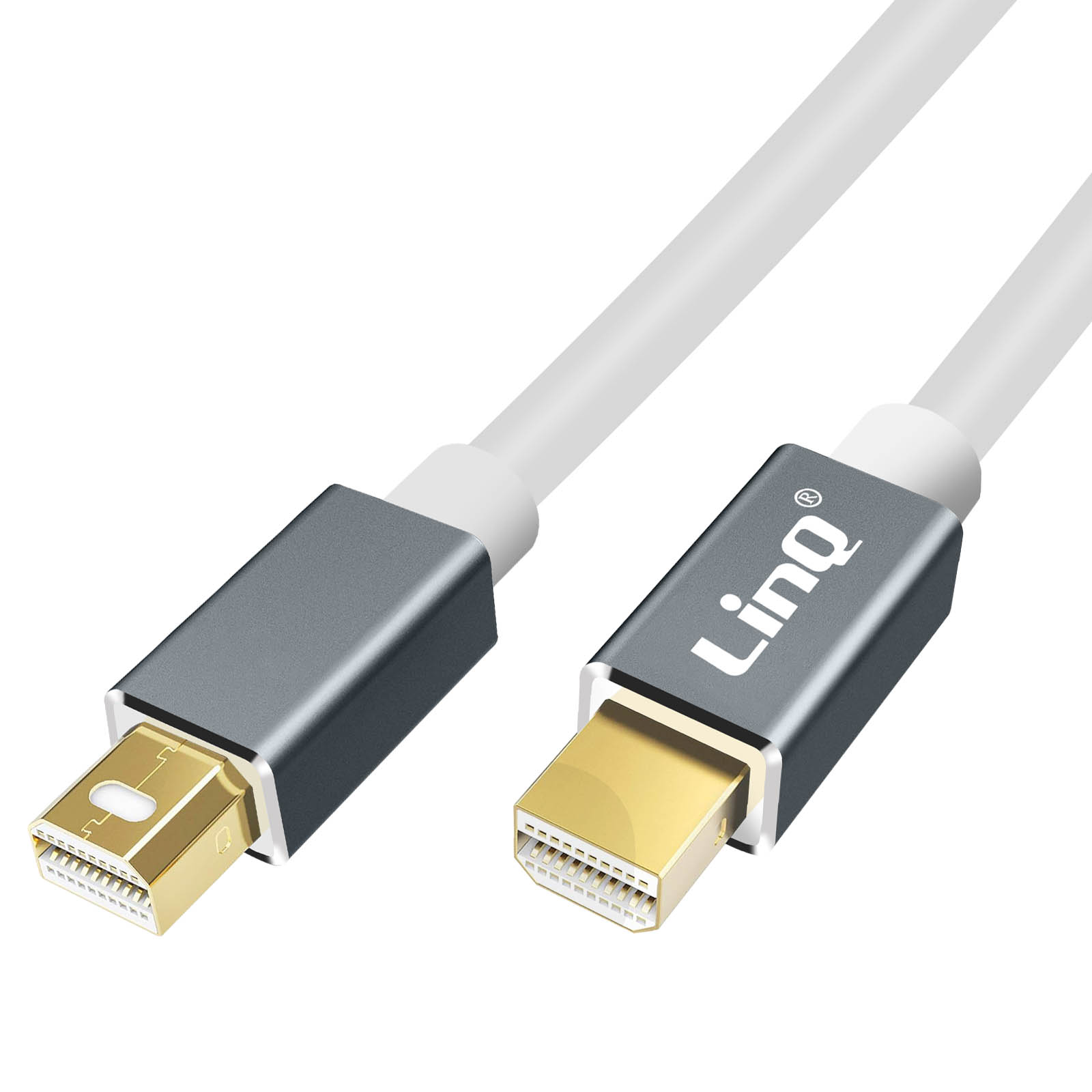 Cavo DisplayPort bianco e grigio con connettori a entrambe le estremità. Logo LinQ visibile.