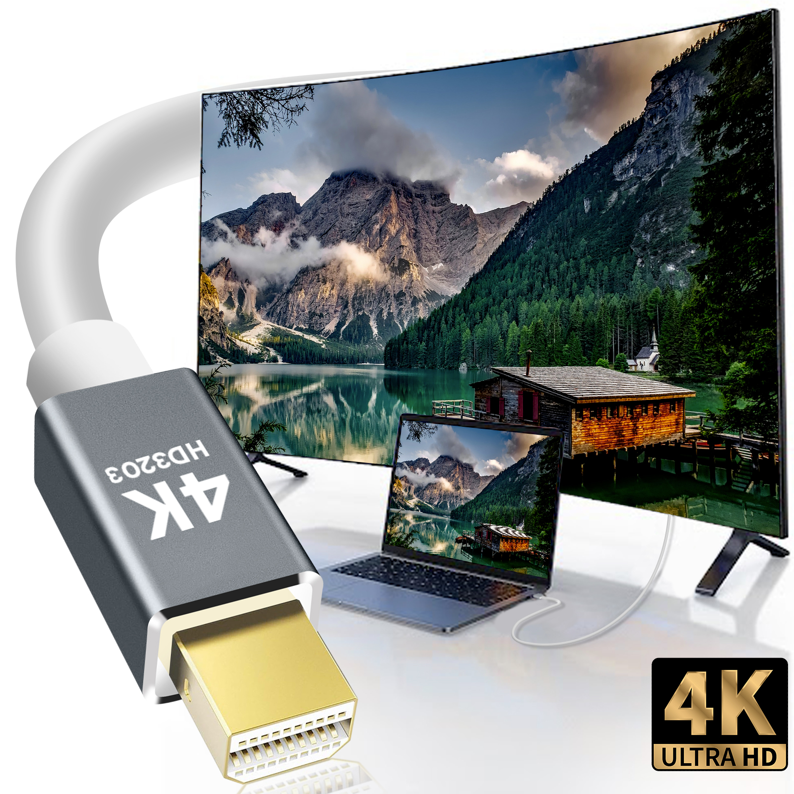 Cavo HDMI 4K collegato a laptop, TV e connettore grigio. Sfondo paesaggistico.