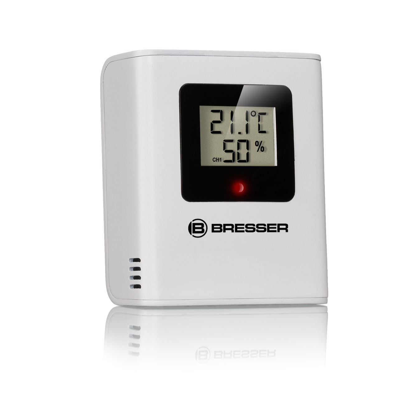 Ein weißes digitales Thermometer mit Temperatur- und Feuchtigkeitsanzeige.