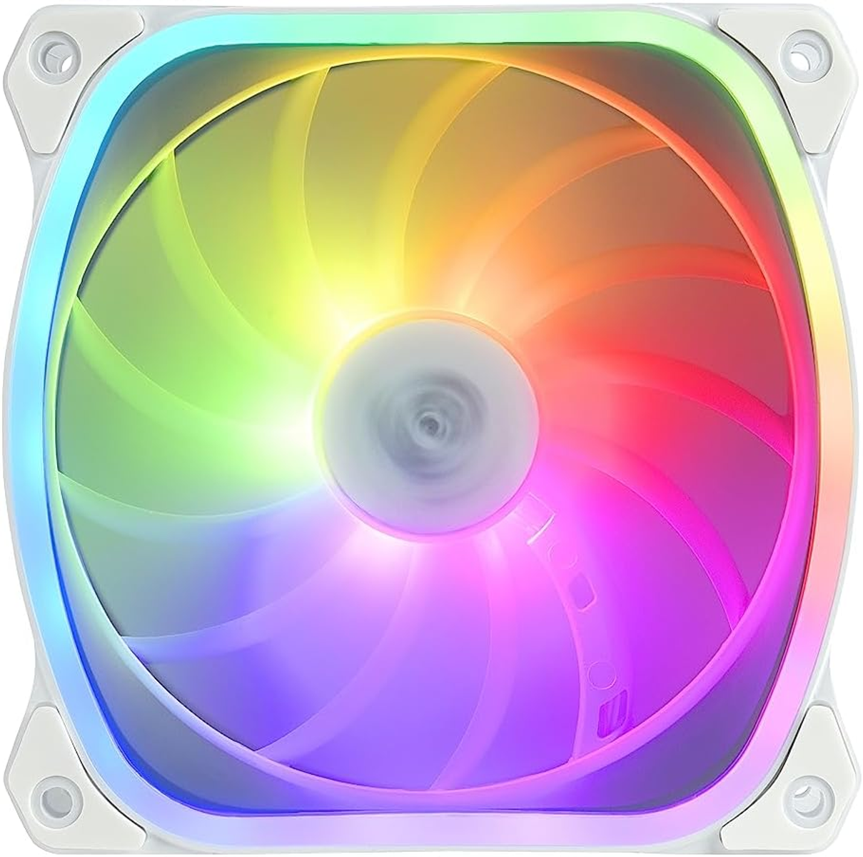 Una ventola per computer con luci LED multicolore. La ventola è bianca, con un design circolare.