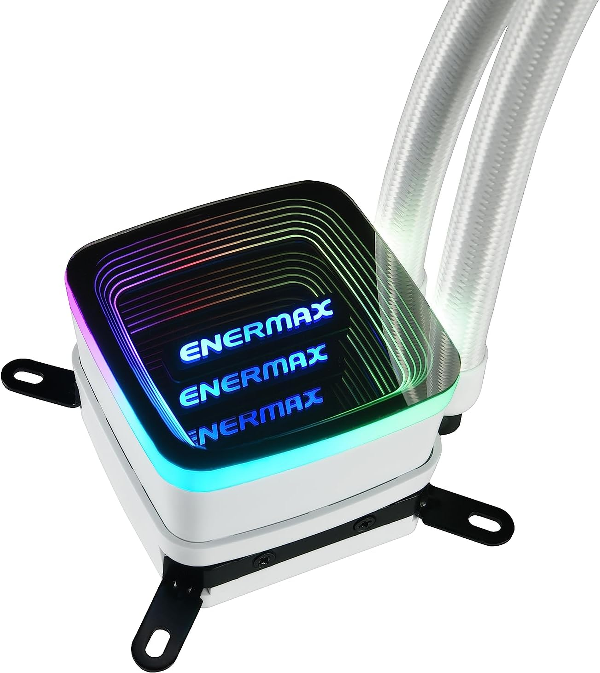 Un refrigeratore a liquido bianco con un display luminoso colorato e tubi.