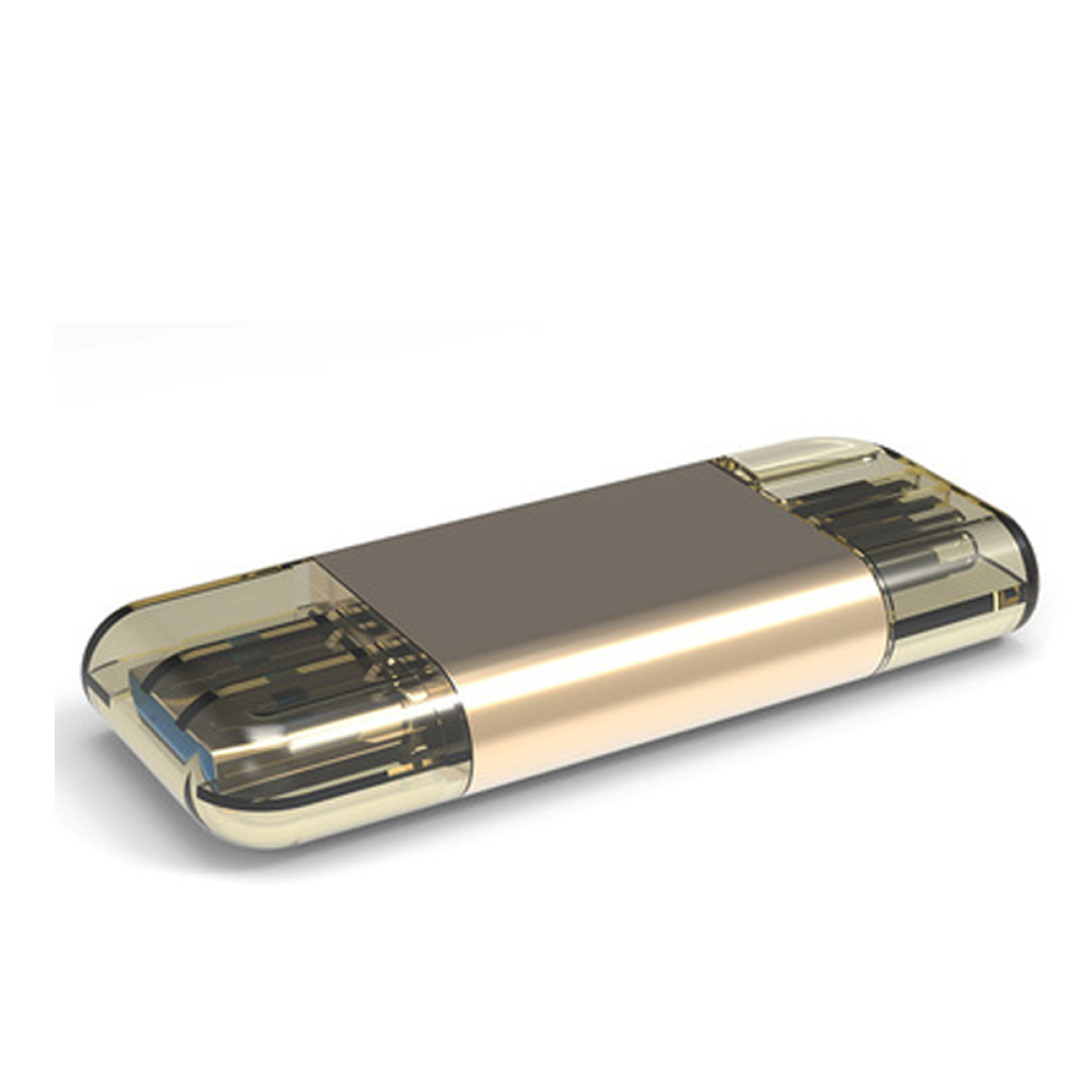 Ein transparentes USB-Laufwerk mit goldfarbenem Mittelteil auf weißem Hintergrund.
