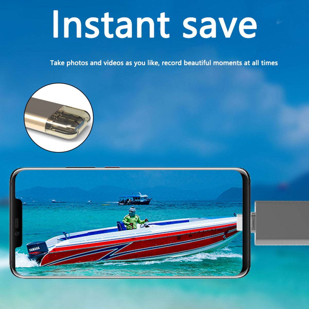 Ein Smartphone mit eingestecktem USB-Stick, das ein Boot auf dem Bildschirm zeigt. Text: 'Sofort speichern'.