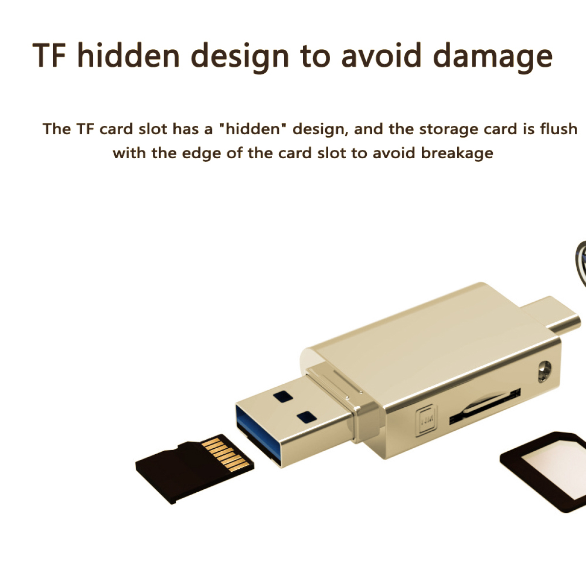 Ein goldener USB-Adapter mit Micro-SD-Kartensteckplatz. Zwei SD-Karten liegen in der Nähe.