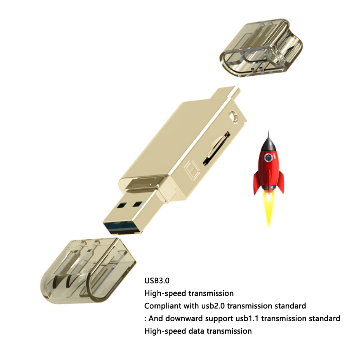Goldener USB 3.0 Kartenleser mit Raketenillustration und Text auf weißem Hintergrund.